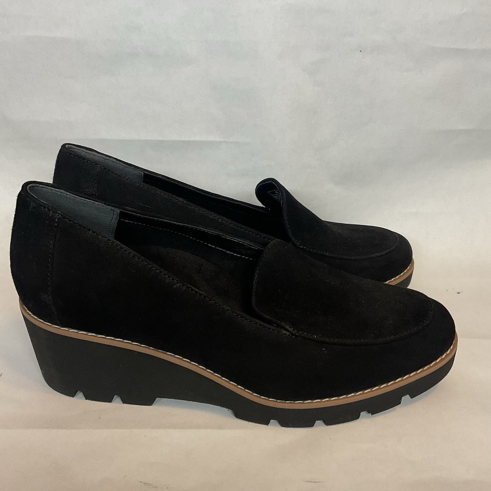 New Vionic Ava Shoes Womens 9 Casual Slip On Wedge Loafers Black Suede Leather